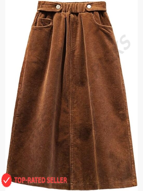 Dresses & Skirts - Corduroy Midi Skirt Elastic Waist Ruffle A-Line Winter Warm Pockets Classic